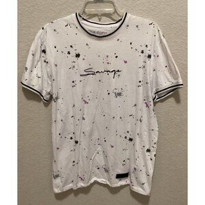 White Splatter Paint Mens T-Shirt With "Savage" Script Design S L